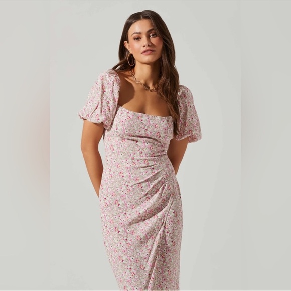 Astr Pink Floral Midi Dress with Puff Sleeves - Picture 3 of 9